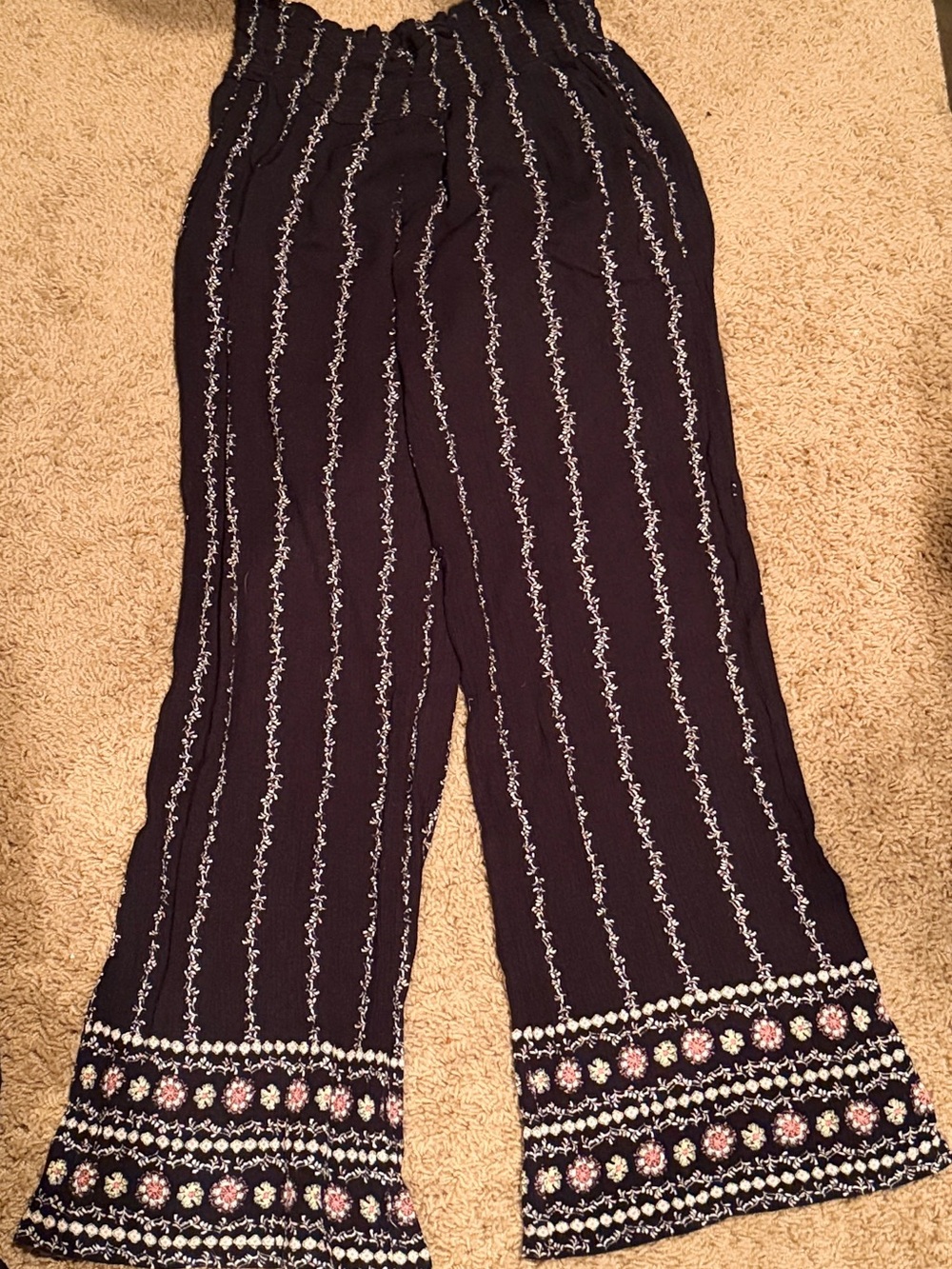 Three Dots Black Wide-Leg Embroidered Stripe Pants